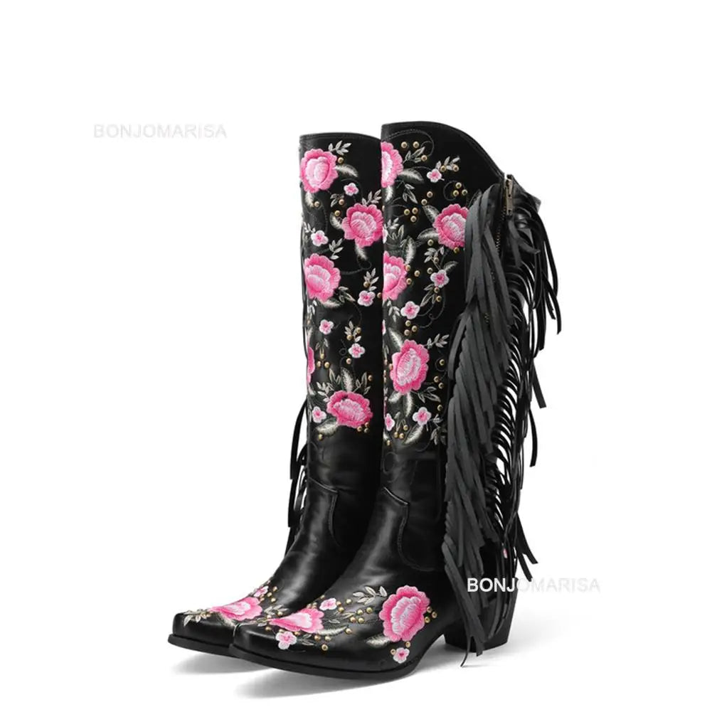 Cowboy Boots For Women Fringe Embroidery Flower Sweet Western Boots Cowgirls Roman Block High Heeled Shoes Autumn