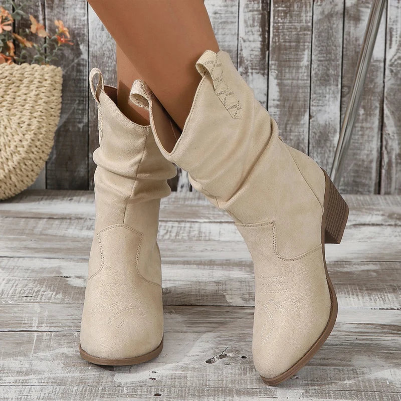 Pink Suedette Pleated Western Boots For Woman Pointed Toe Chunky Heel Ankle Shoe Cowgirl Ladies Chic Embroidered Designer Botas