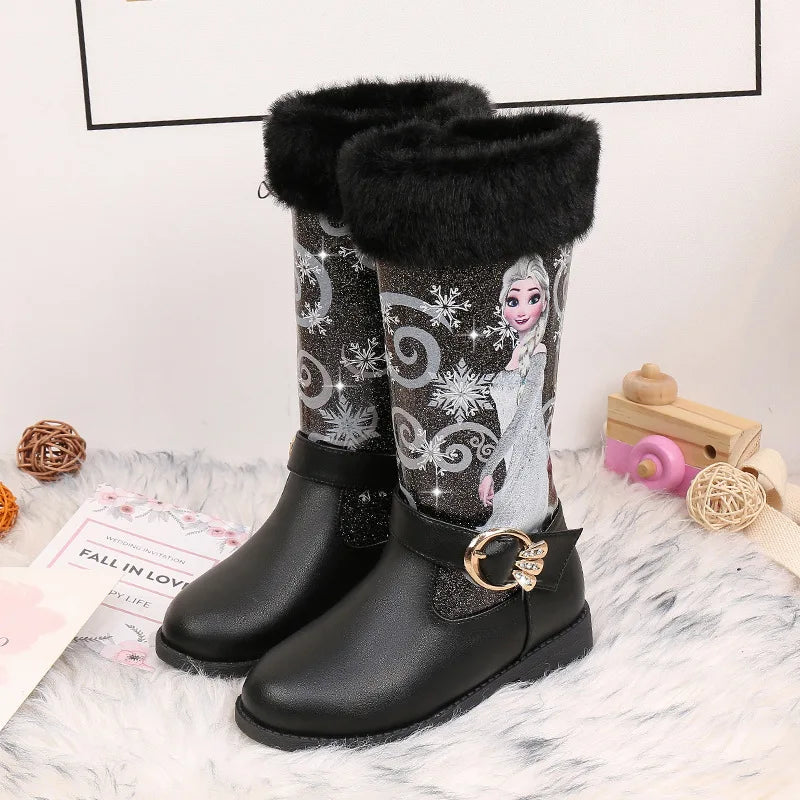 Disney Elsa Princess Kids High Boots Girls Winter Warm Plush Snow Boots Frozen Print Children's Over The Knee Boots Size 25-36