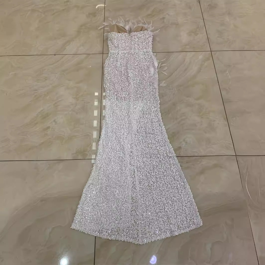 Women's Fashion Feather Split Long Dress