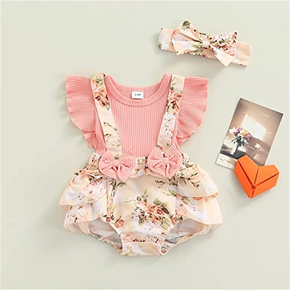 Summer Baby Girl Dress With Bowknot headband Striped Jumpsuit Cotton Dress For Newborn Floral Clothes Baby Crawling Clothes