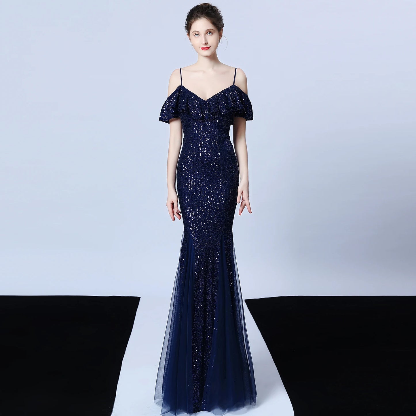 Customized Women's Glitter Evening Party Dress Sexy V-Neck Ruffle Formal Cocktail Gowns Sphagetti S trap Wedding Dress