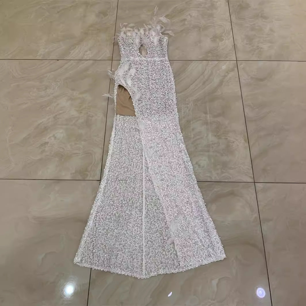 Women's Fashion Feather Split Long Dress