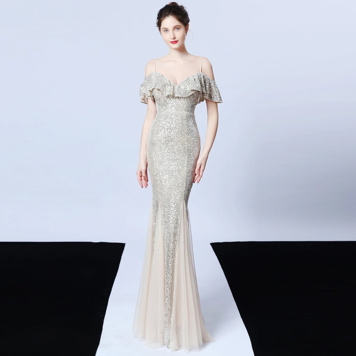 Customized Women's Glitter Evening Party Dress Sexy V-Neck Ruffle Formal Cocktail Gowns Sphagetti S trap Wedding Dress