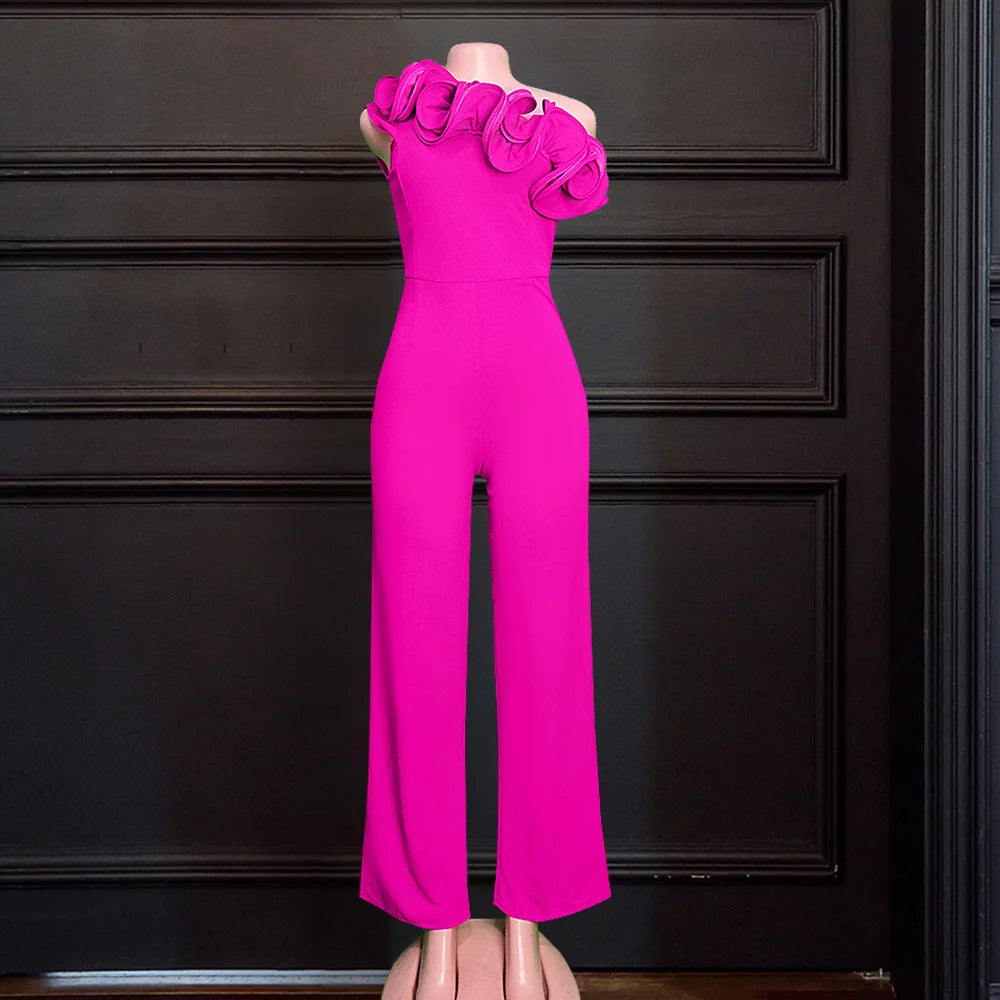 S-XXL Large Women's Jumpsuits Sexy One Shoulder Sleeveless Wood Ear Side High Waist Wide Leg Pants Ladies Commute Casual Rompers