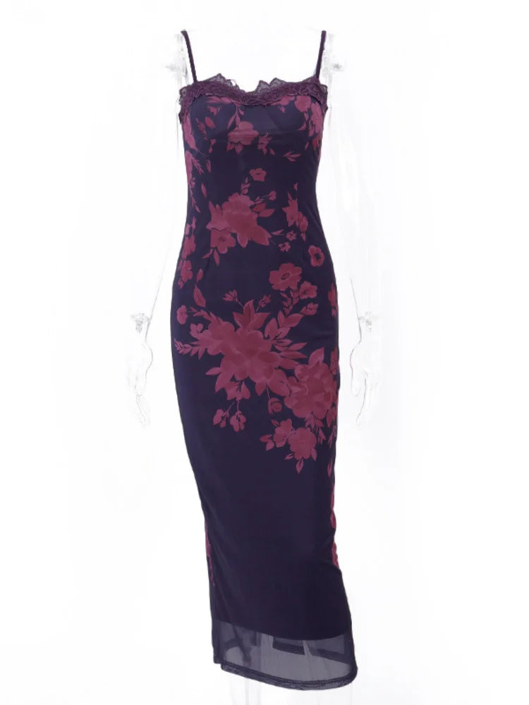 Mozision Purple Print Sexy Long Fishtail Dress For Women Robe New Spaghetti Strap Sleeveless Backless Ruched Maxi Dress Vestidos