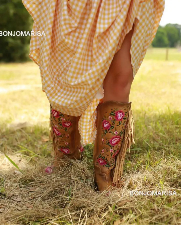 Cowboy Boots For Women Fringe Embroidery Flower Sweet Western Boots Cowgirls Roman Block High Heeled Shoes Autumn