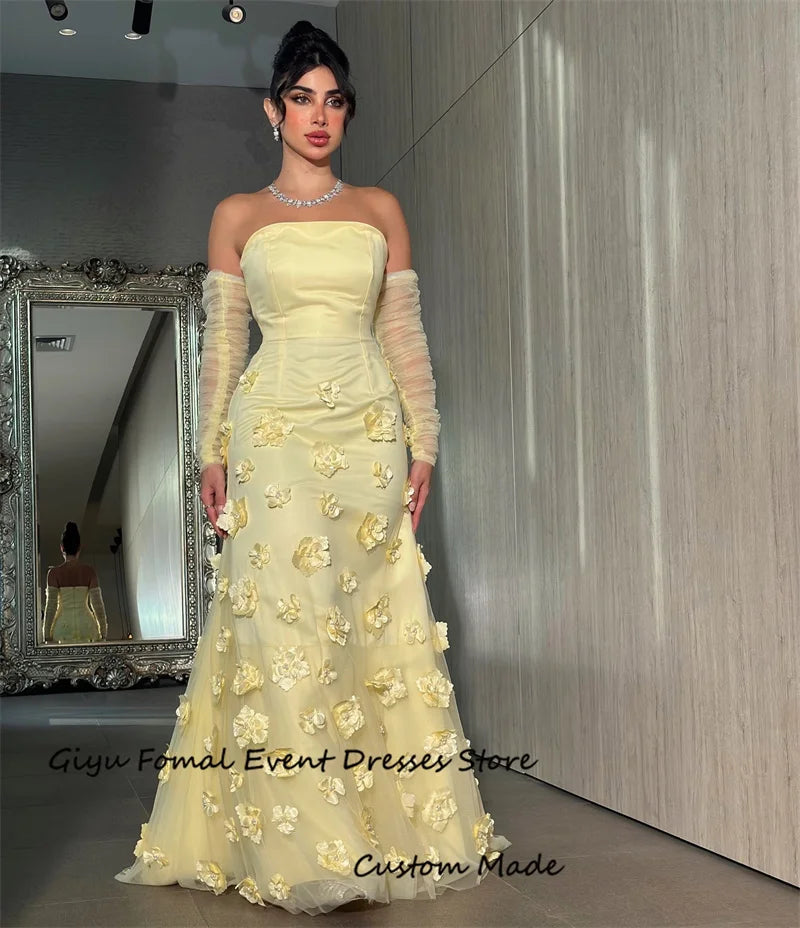 Giyu Luxury 3D Flowers Yellow Dubai Arabic Women Evening Dresses Mermaid Strapless Long Sleeves Floor length Prom Gowns Party
