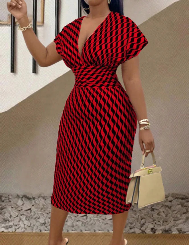 Women's Sexy Deep V Neck Package Hip Dress Spring Summer Elegant Fashion Print Short Sleeve High Waist Slim Midi Dresses Femme