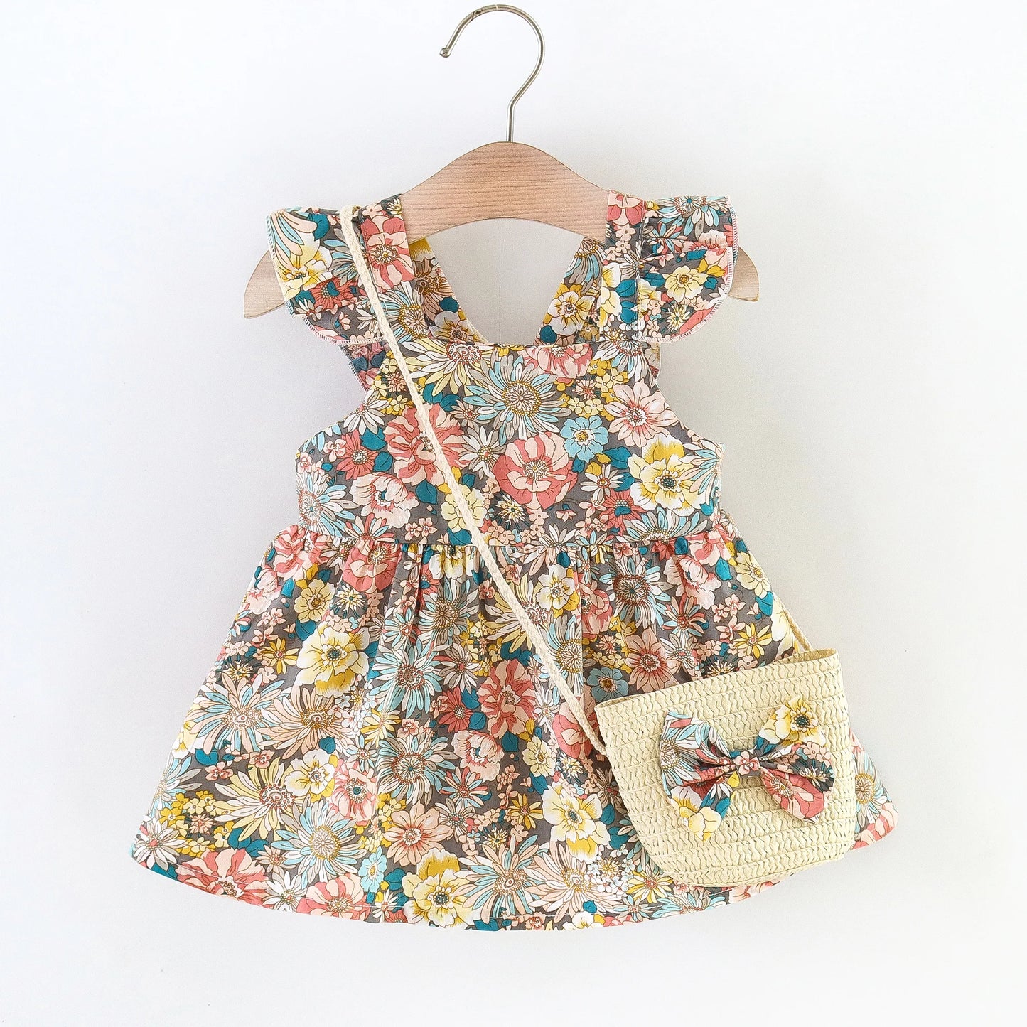 2 Pcs Summer New Baby Girl Dress Fashionable Floral Fly Sleeve Cotton Dress with Crossbody Bag Suitable for Babies Aged 0-3