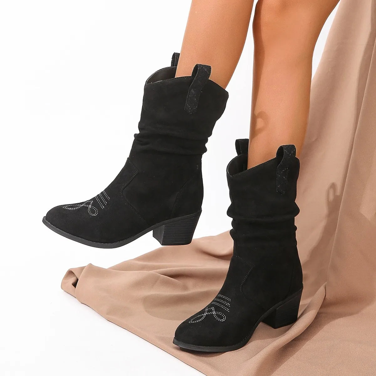 Pink Suedette Pleated Western Boots For Woman Pointed Toe Chunky Heel Ankle Shoe Cowgirl Ladies Chic Embroidered Designer Botas
