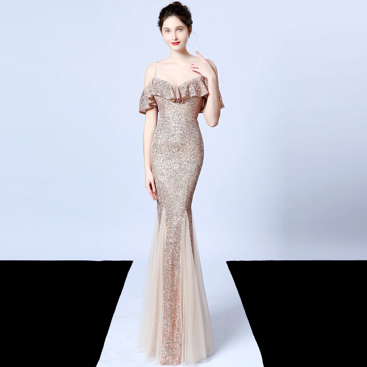 Customized Women's Glitter Evening Party Dress Sexy V-Neck Ruffle Formal Cocktail Gowns Sphagetti S trap Wedding Dress