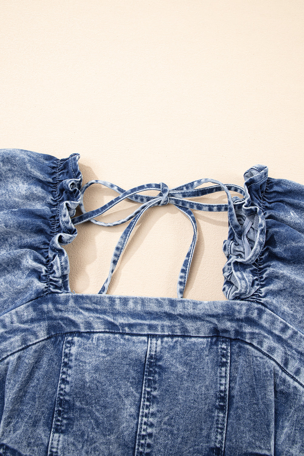 Blue Frilly Square Neck Bustier Puff Sleeve Short Denim Dress