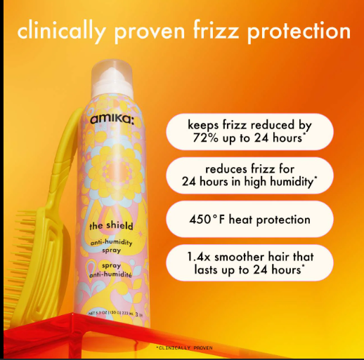 Amika hair product with features on an orange background