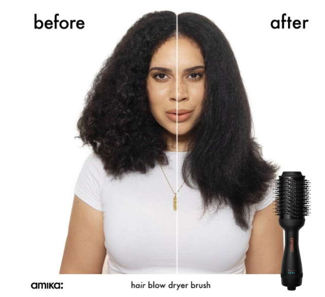 Round brush blowdryer hair results with curly hair Amika Blow dryer Brush Hair 2.0 Round Brush Blow Out Professional Salon Styling Tool