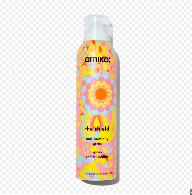 Amika hair spray bottle with colorful design on a transparent background