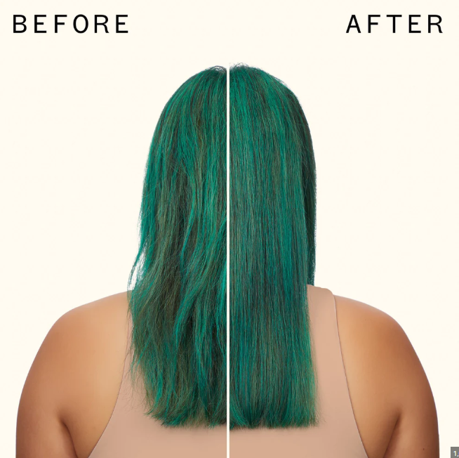 Before and after comparison of teal hair color on a person with a white background