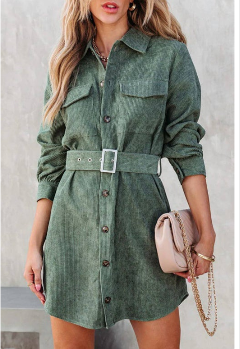 Woman wearing a green dress with a belt, holding a beige handbag against a neutral background