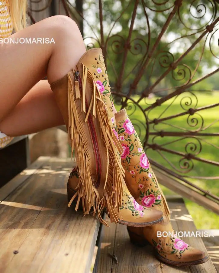 Cowboy Boots For Women Fringe Embroidery Flower Sweet Western Boots Cowgirls Roman Block High Heeled Shoes Autumn
