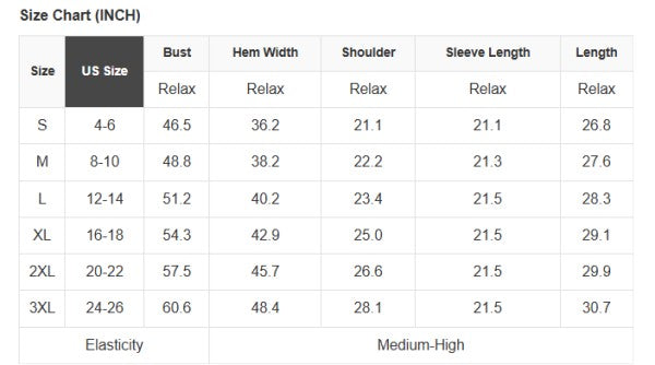 Size chart for clothing measurements in inches with US size labels.