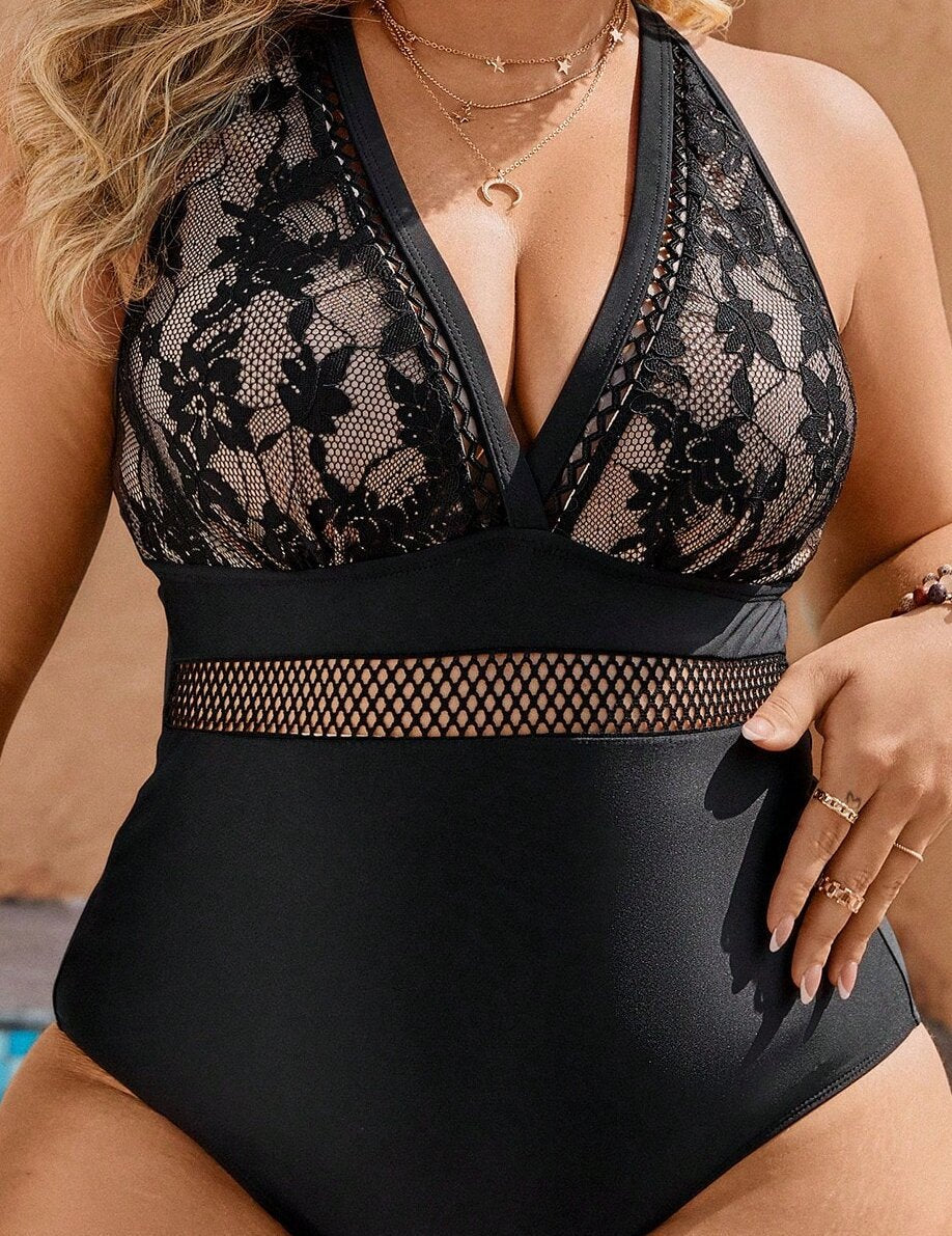 Black Lace Pattern One Piece Swimsuit Plus Size Swim, Fashion