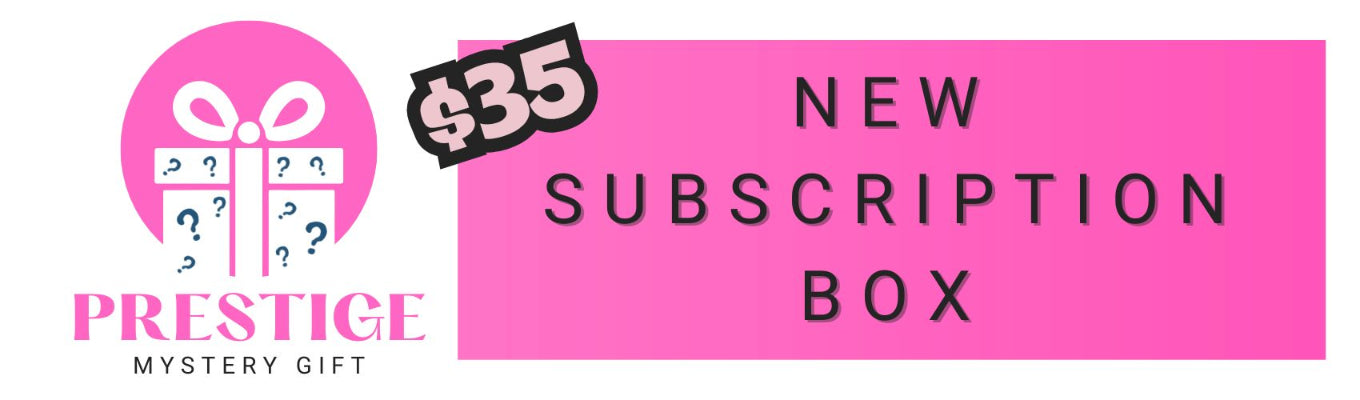 Promotional banner for Prestige mystery gift subscription box with price tag on pink background