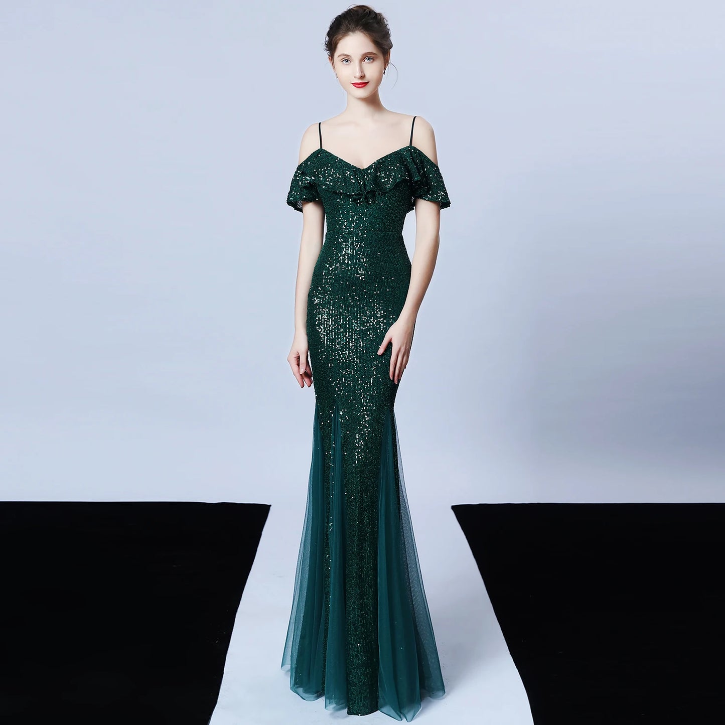 Customized Women's Glitter Evening Party Dress Sexy V-Neck Ruffle Formal Cocktail Gowns Sphagetti S trap Wedding Dress