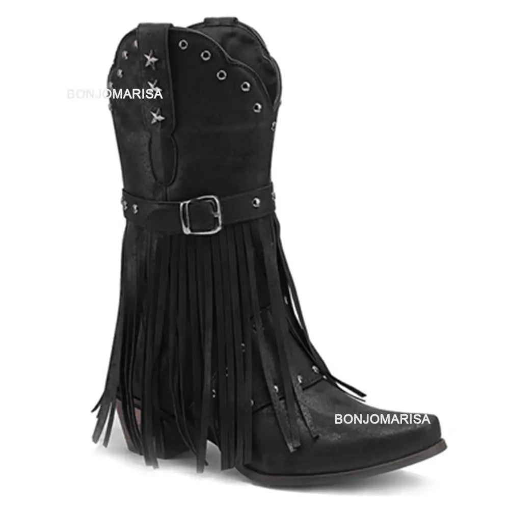 Cowboy Boots For Women Fringe Embroidery Flower Sweet Western Boots Cowgirls Roman Block High Heeled Shoes Autumn