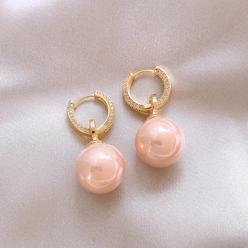 Advanced Geometric Round Micro Set Zircon Pink Pearl Pendant Earrings For Women 2025 Fashion Jewelry Accessories Girl’s Eardrop