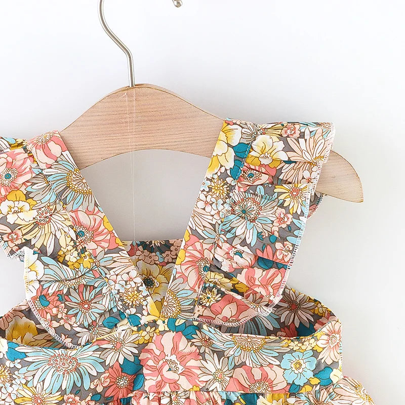 2 Pcs Summer New Baby Girl Dress Fashionable Floral Fly Sleeve Cotton Dress with Crossbody Bag Suitable for Babies Aged 0-3