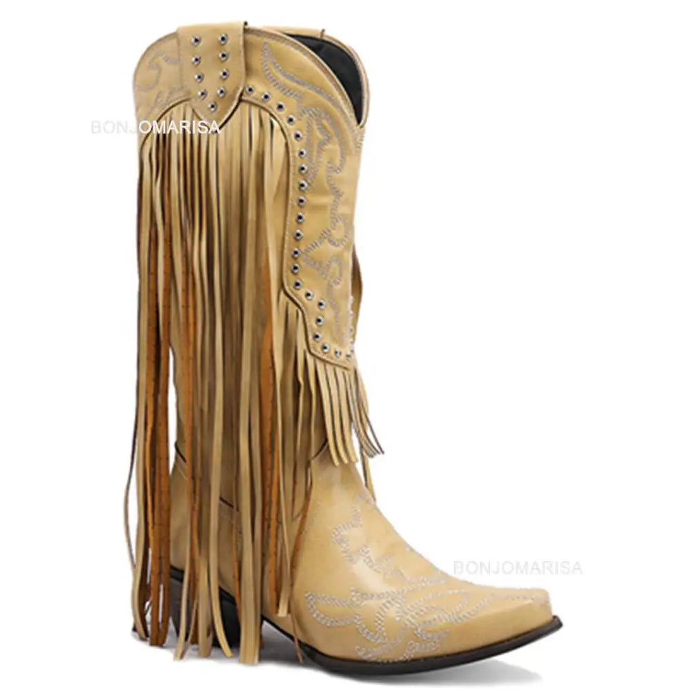 Cowboy Boots For Women Fringe Embroidery Flower Sweet Western Boots Cowgirls Roman Block High Heeled Shoes Autumn