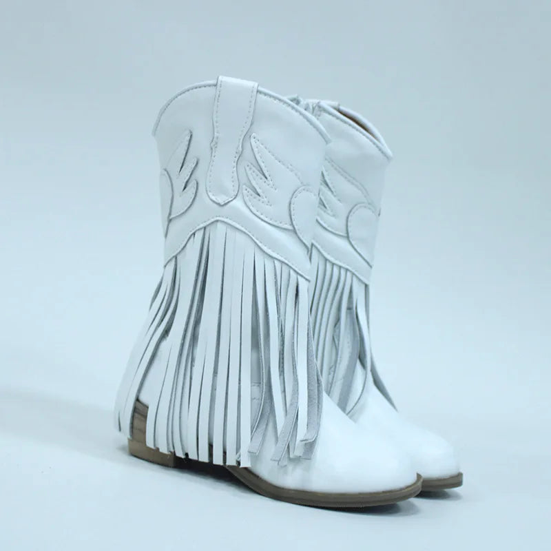 Kids Vintage Western Cowgirls Boots Leather Tassel Princess Low Heeled Knee Boots Cowboys Winter Dress Shoes New Years Christmas