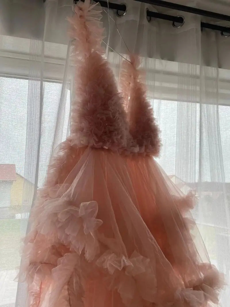 Sexy Pink Maternity Women's Prom Dresses Elegant Pregnant V Neck Ruffles Ball Gown Evening Party Dress Premama Photo Shoot Robes