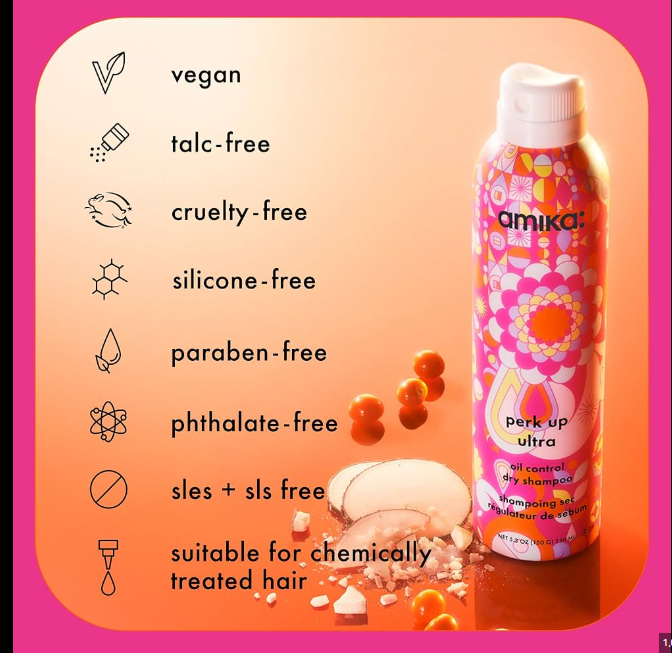 Amika shampoo bottle with product features listed on an orange background