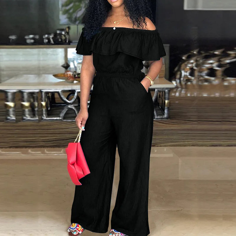 218298 Plus Size Women's Clothing 2025 Autumn New Item No Wash Denim Shawl Jumpsuit Factory