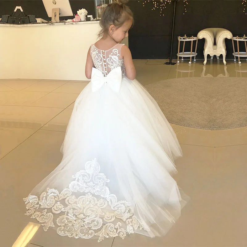 FATAPAESE 2-14 Years Lace Tulle Flower Girls Dress Princess for Kid Child Wedding Party Juniorbridesmaid Maxi Ball Gown Evening