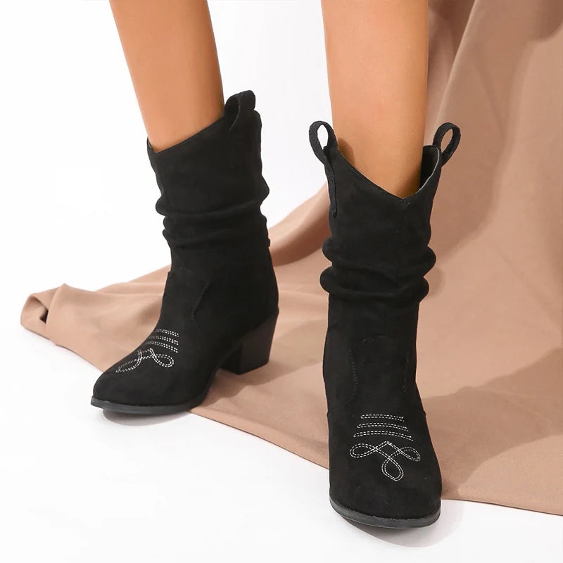 Pink Suedette Pleated Western Boots For Woman Pointed Toe Chunky Heel Ankle Shoe Cowgirl Ladies Chic Embroidered Designer Botas