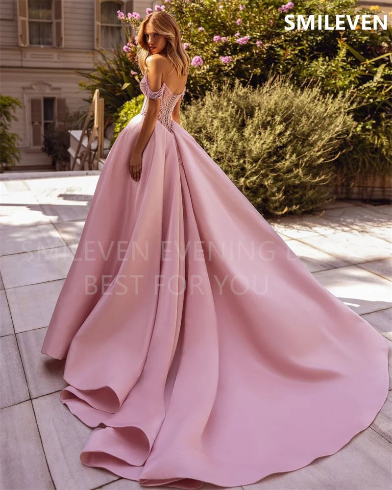 Smileven A-line Pink Prom Dress Off The Shoulder Backless Party Gowns Sweetheart Length Formal Evening Dress Customized 2024