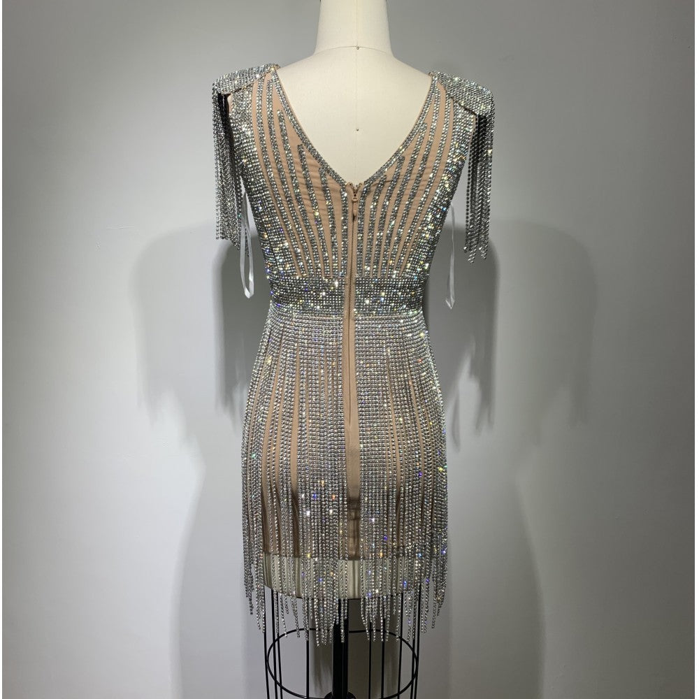 New Low Cut Tassel Hollow-out Tight Niche Diamond Sheath High Quality Dress