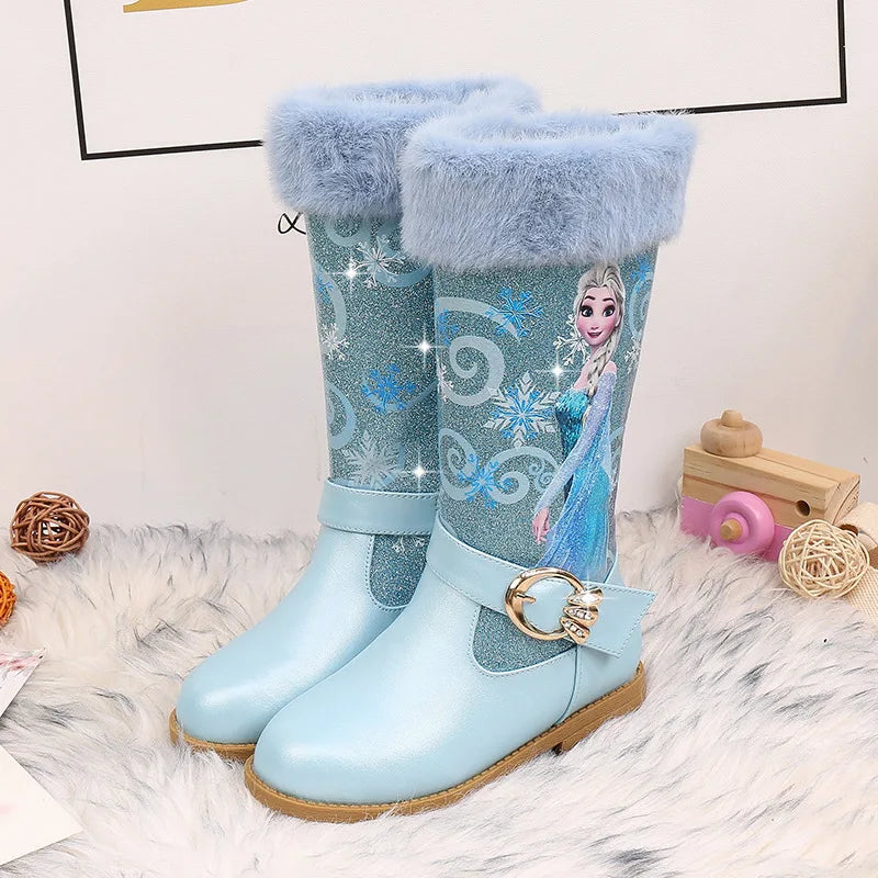 Disney Elsa Princess Kids High Boots Girls Winter Warm Plush Snow Boots Frozen Print Children's Over The Knee Boots Size 25-36