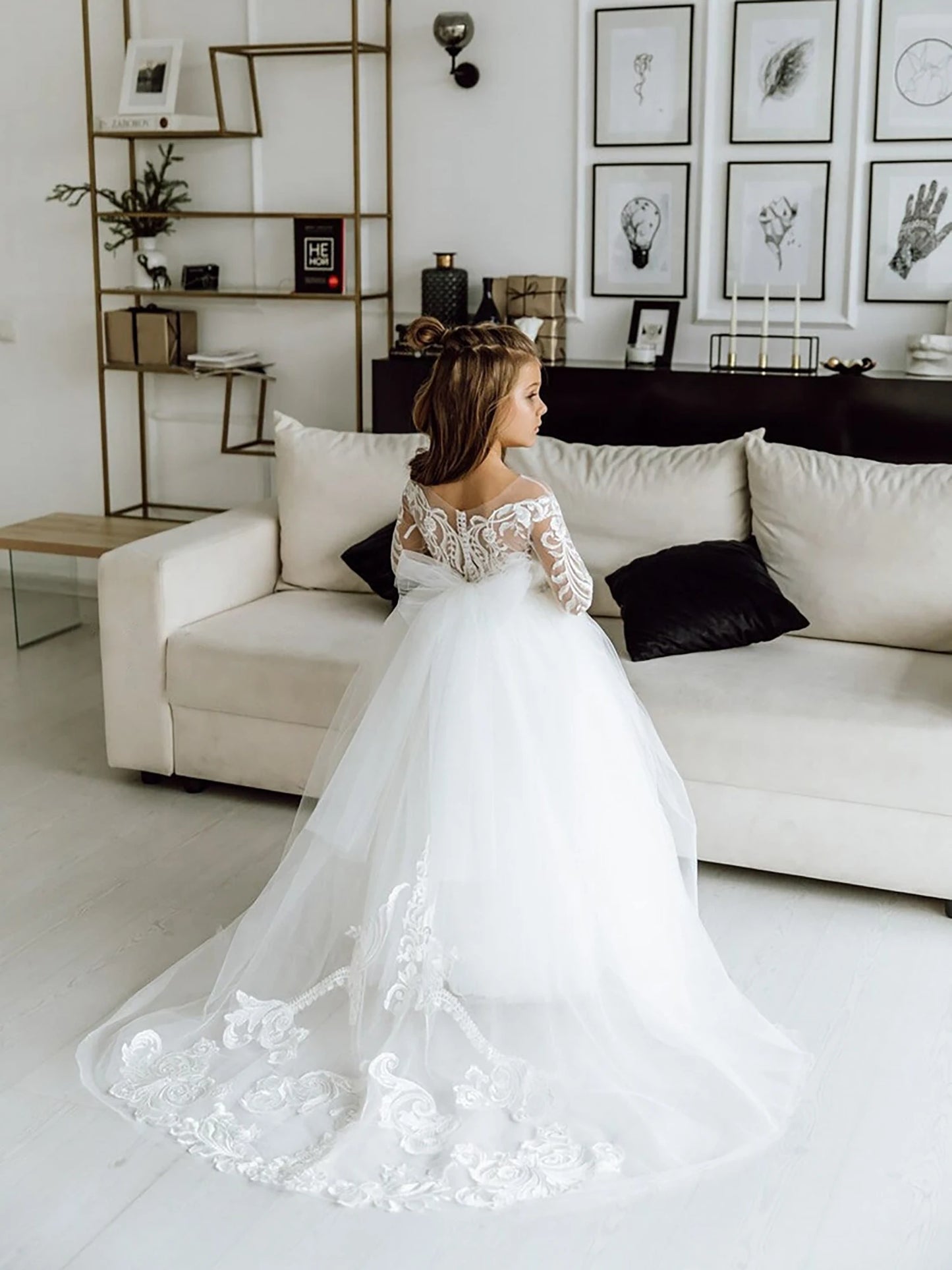 FATAPAESE 2-14 Years Lace Tulle Flower Girls Dress Princess for Kid Child Wedding Party Juniorbridesmaid Maxi Ball Gown Evening