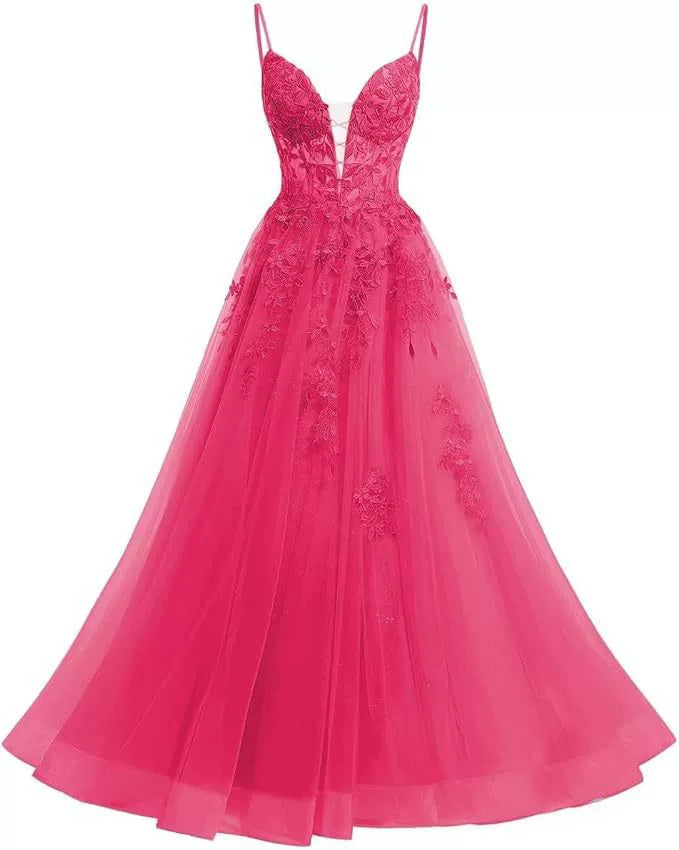 Women's Spaghetti Strap Tulle Long Applique Lace Dress With Long Dress