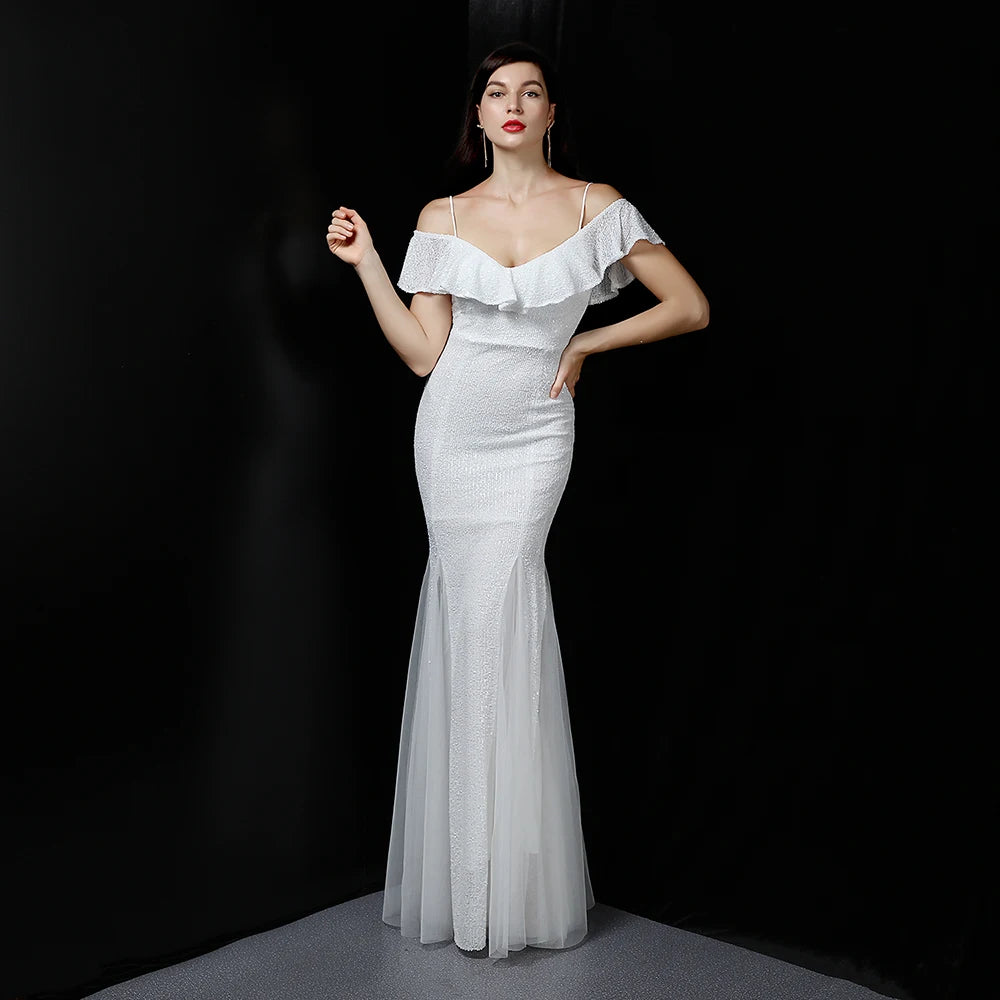 Customized Women's Glitter Evening Party Dress Sexy V-Neck Ruffle Formal Cocktail Gowns Sphagetti S trap Wedding Dress
