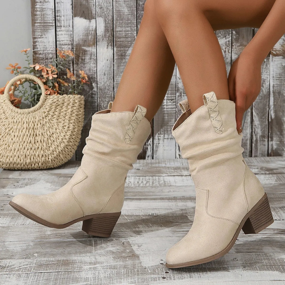 Pink Suedette Pleated Western Boots For Woman Pointed Toe Chunky Heel Ankle Shoe Cowgirl Ladies Chic Embroidered Designer Botas