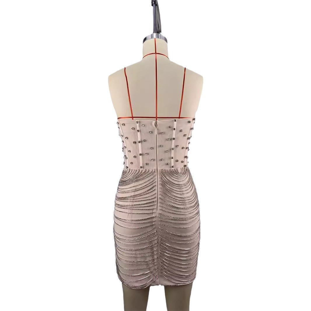 High Quality Fashion Off-the-shoulder Diamond Trim Slim Chain Tight Mini Dress Women