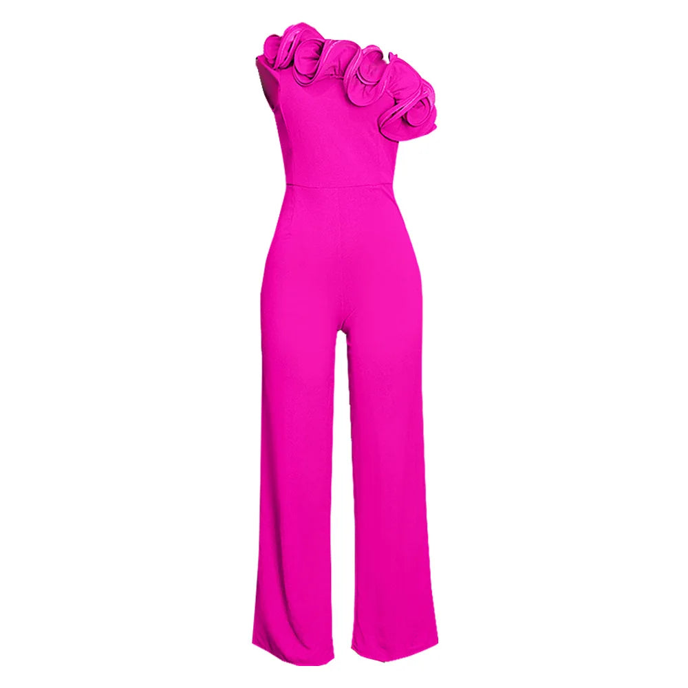 S-XXL Large Women's Jumpsuits Sexy One Shoulder Sleeveless Wood Ear Side High Waist Wide Leg Pants Ladies Commute Casual Rompers
