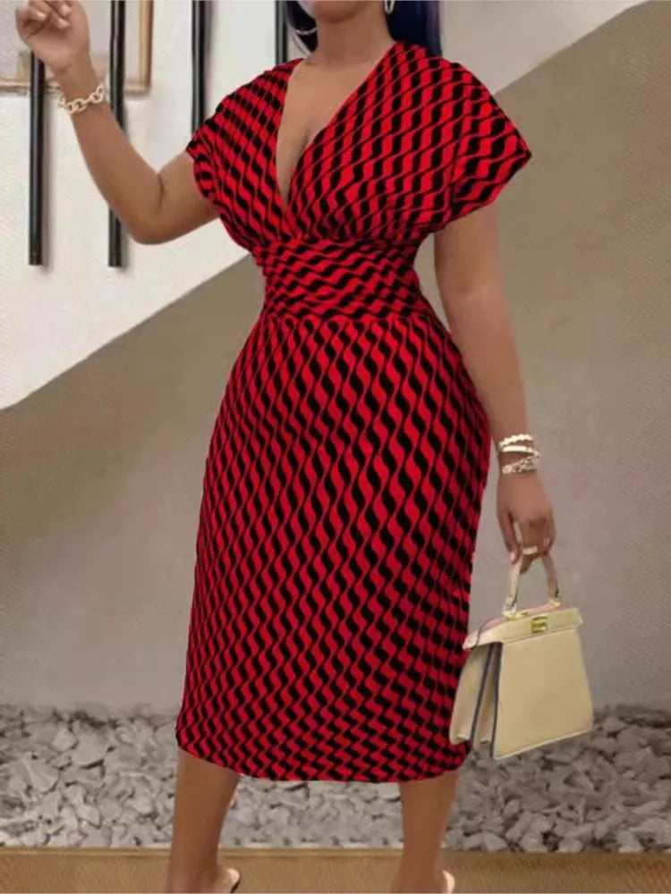 Women's Sexy Deep V Neck Package Hip Dress Spring Summer Elegant Fashion Print Short Sleeve High Waist Slim Midi Dresses Femme