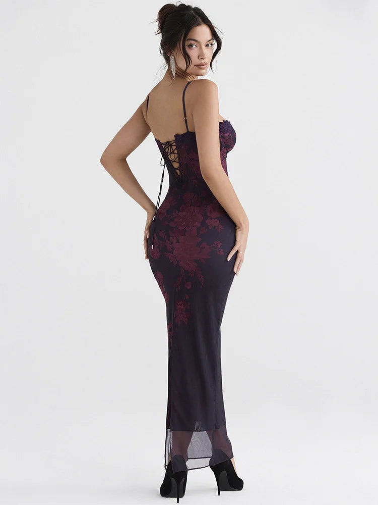 Mozision Purple Print Sexy Long Fishtail Dress For Women Robe New Spaghetti Strap Sleeveless Backless Ruched Maxi Dress Vestidos