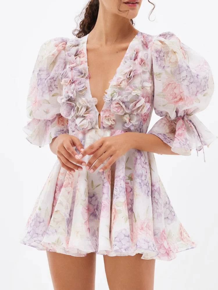 2025 Women Trendy Printed Party Dresses Elegant Flare Sleeve V Neck Pleated High Waist Vestidos Fashion Lady Chic Evening Gowns