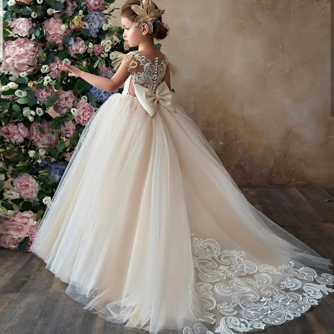 FATAPAESE 2-14 Years Lace Tulle Flower Girls Dress Princess for Kid Child Wedding Party Juniorbridesmaid Maxi Ball Gown Evening